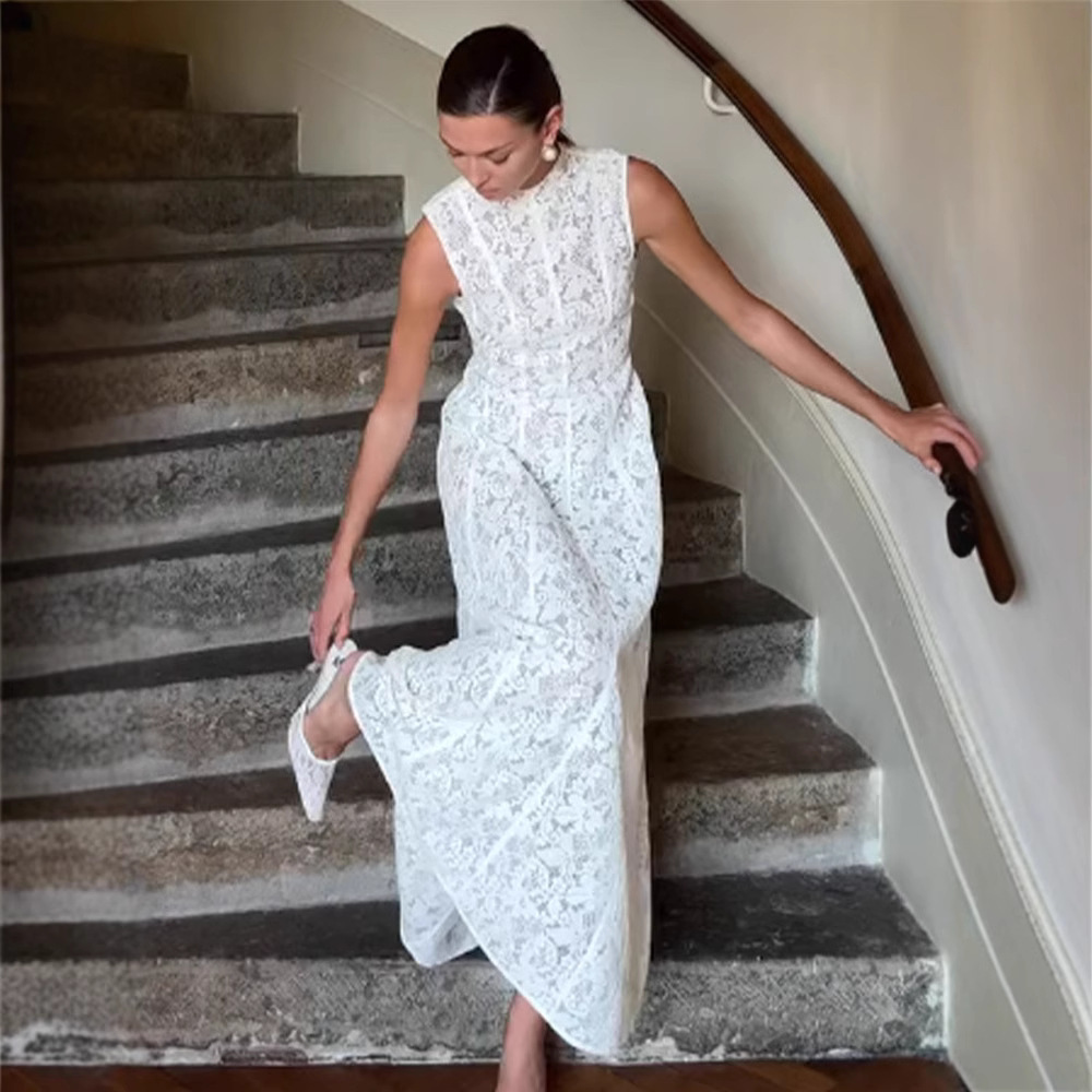 Half Turtleneck Sleeveless Lace High Waist Slim Fit Dress European And American - Image 6