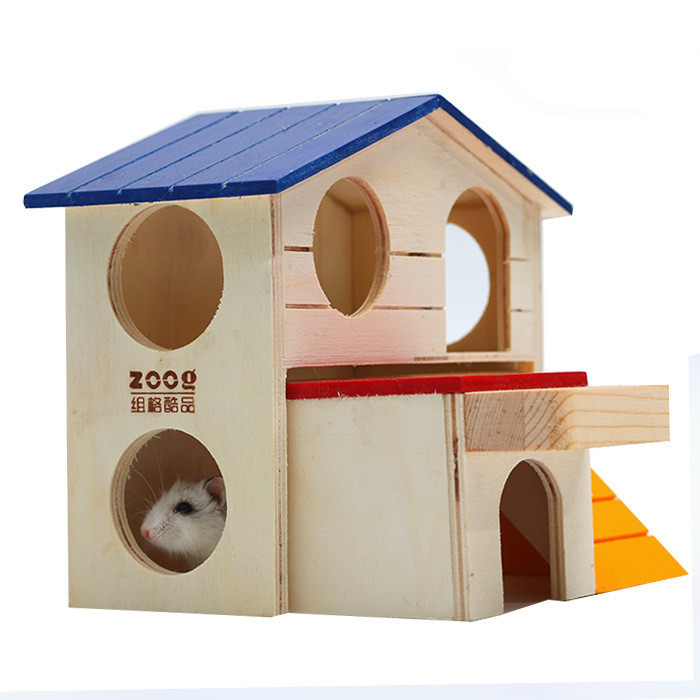Wooden Hamster Toys Blue Top Villa Hamster Chalet Small Pet Toys Molar Decompression - Image 2