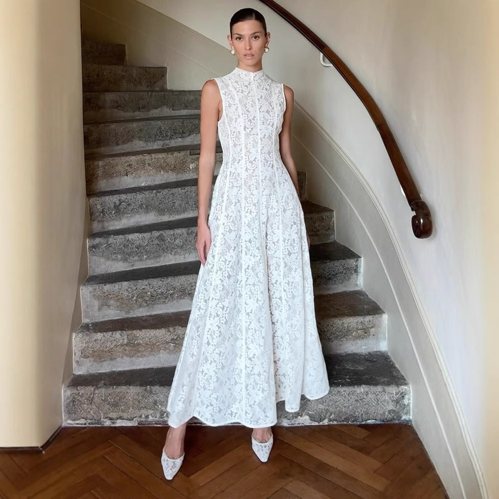 Half Turtleneck Sleeveless Lace High Waist Slim Fit Dress European And American - Image 2