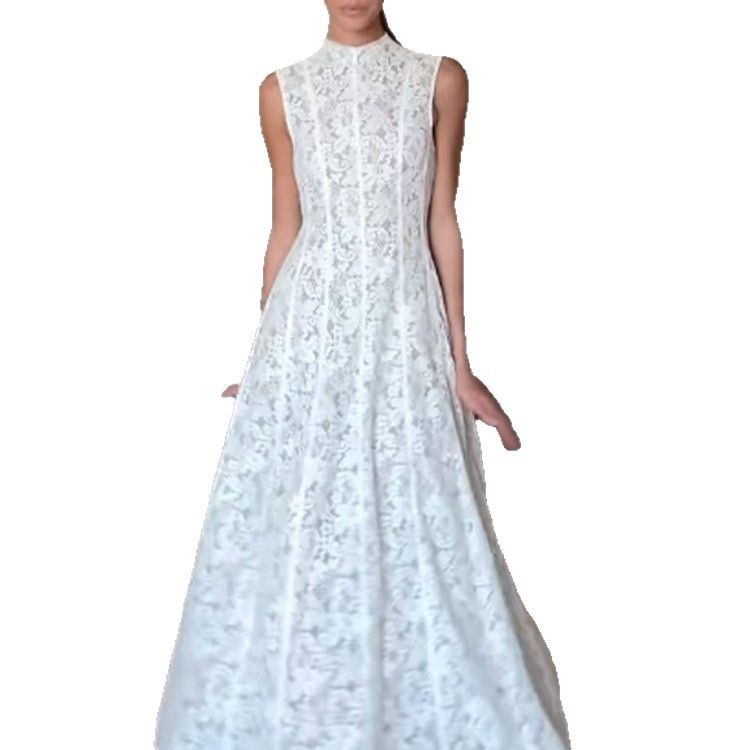 Half Turtleneck Sleeveless Lace High Waist Slim Fit Dress European And American - Image 4