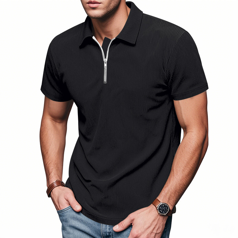 Mens Loose Corduroy Half-Zip Polo Short-Sleeve T-Shirt - Image 5