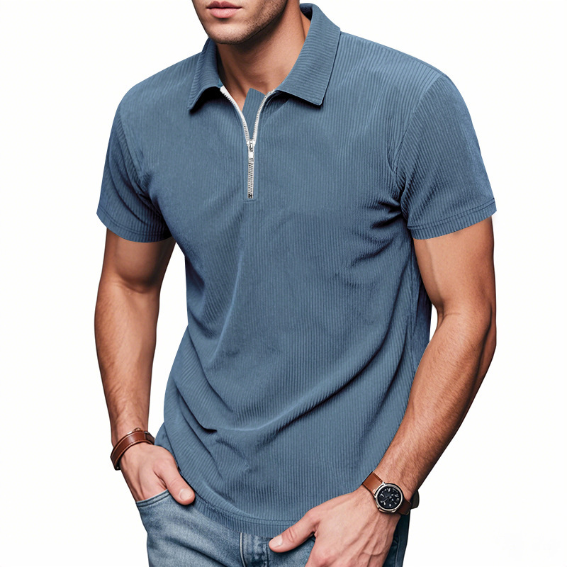 Mens Loose Corduroy Half-Zip Polo Short-Sleeve T-Shirt - Image 3