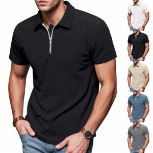 Mens Loose Corduroy Half-Zip Polo Short-Sleeve T-Shirt