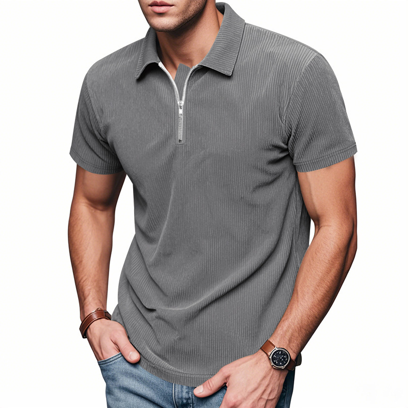 Mens Loose Corduroy Half-Zip Polo Short-Sleeve T-Shirt - Image 7