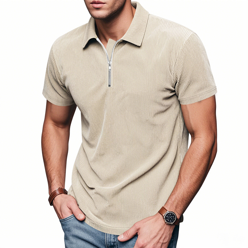 Mens Loose Corduroy Half-Zip Polo Short-Sleeve T-Shirt - Image 6