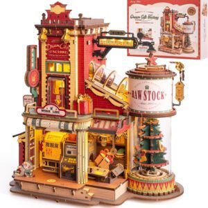 ROBOTIME Gift Factory 3D Puzzle Wooden Model Kits For Adults DIY Retro Vintage Toy Production Construction Craft Kit Luminous Factory With Music Lights And 5 Elves For Kids Teens Adults
